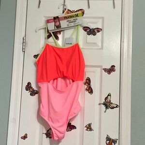 Hurley Neon Pink and Coral One-Piece Swimsuit size 18/20